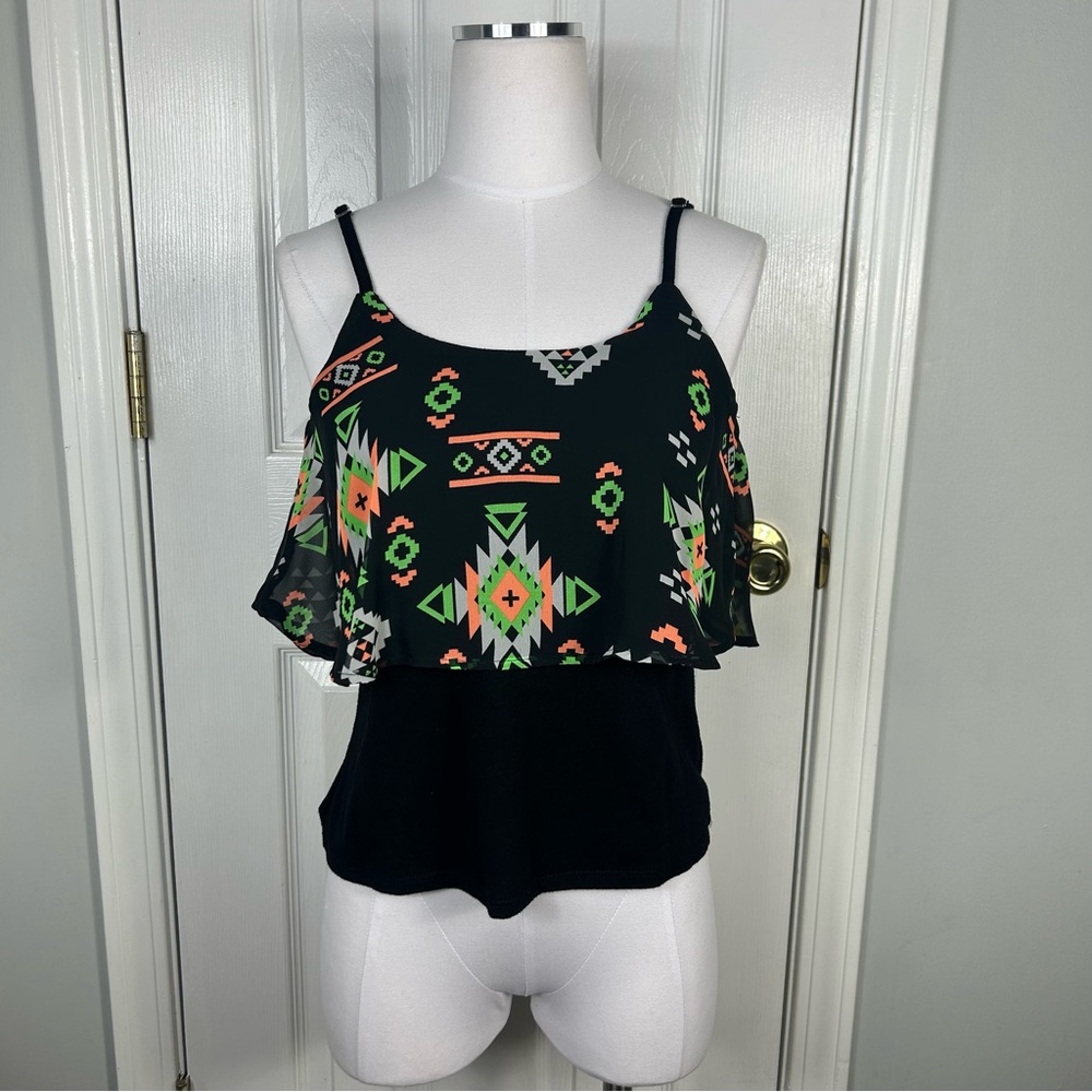 Almost Famous Black and Multicolored Aztec Print Ruffle Tank Top - Picture 1 of 4